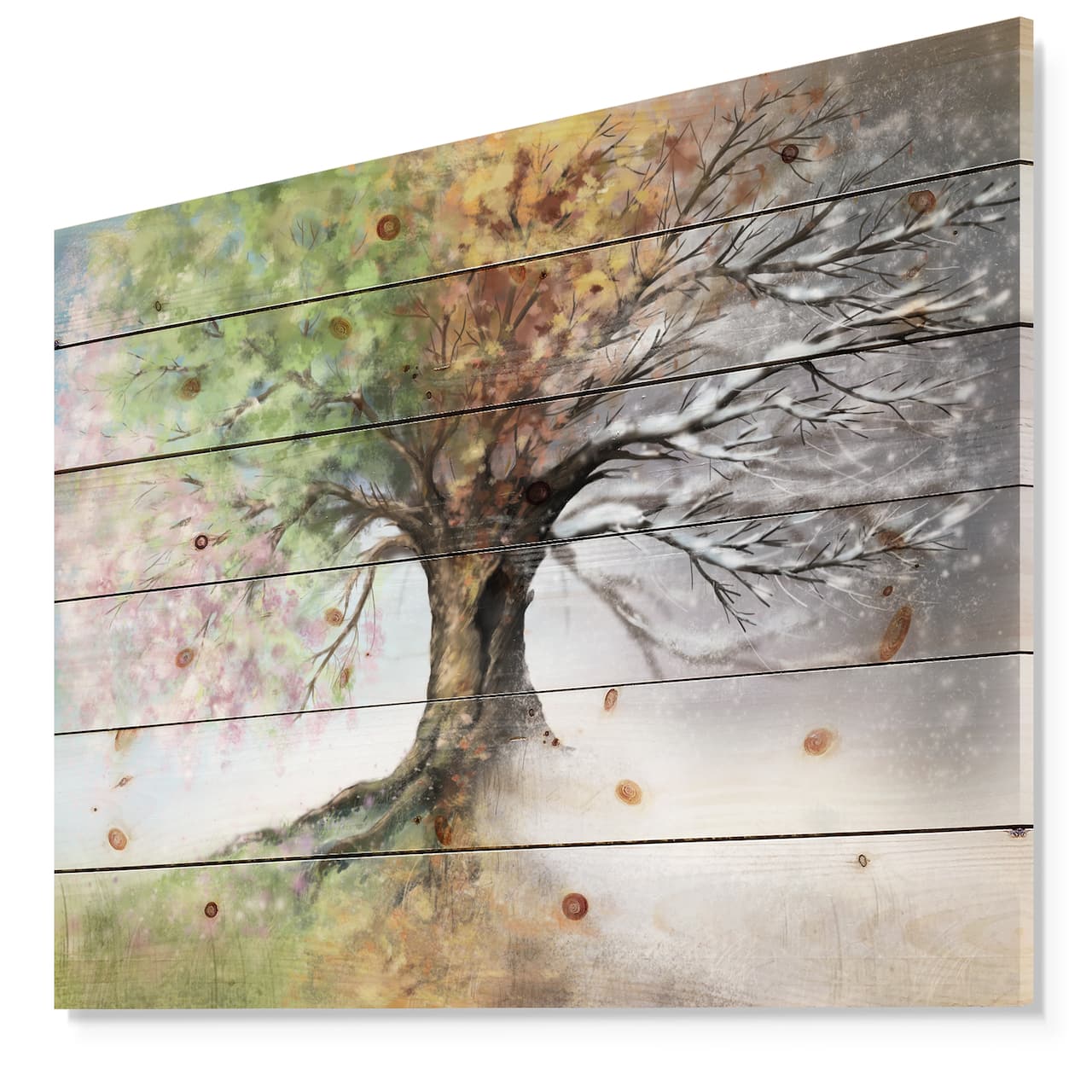Designart - Tree with Four Seasons - Tree Painting Print on Natural Pine Wood